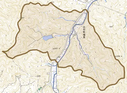 出石町福見とその周辺の地図。町の範囲を重ねている