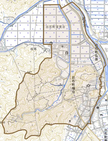 出石町福住とその周辺の地図。町の範囲を重ねている