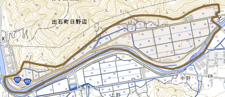 出石町日野辺とその周辺の地図。町の範囲を重ねている
