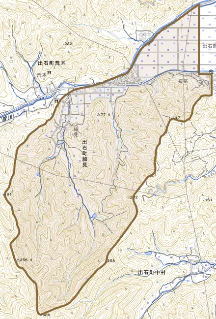 出石町細見とその周辺の地図。町の範囲を重ねている