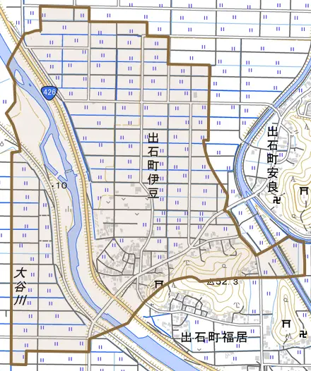出石町伊豆とその周辺の地図。町の範囲を重ねている