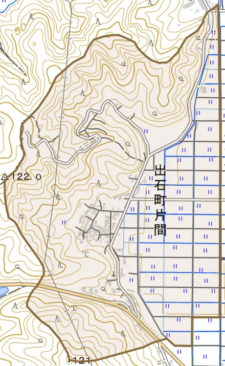 出石町片間とその周辺の地図。町の範囲を重ねている