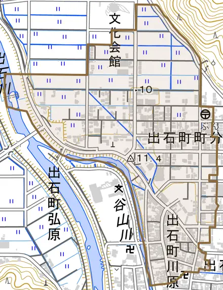 出石町川原とその周辺の地図。町の範囲を重ねている