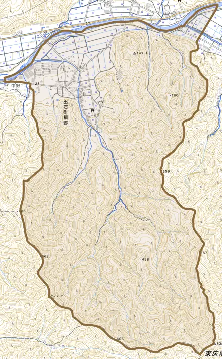 出石町桐野とその周辺の地図。町の範囲を重ねている