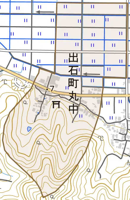 出石町丸中とその周辺の地図。町の範囲を重ねている