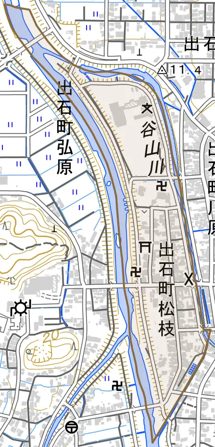 出石町松枝とその周辺の地図。町の範囲を重ねている