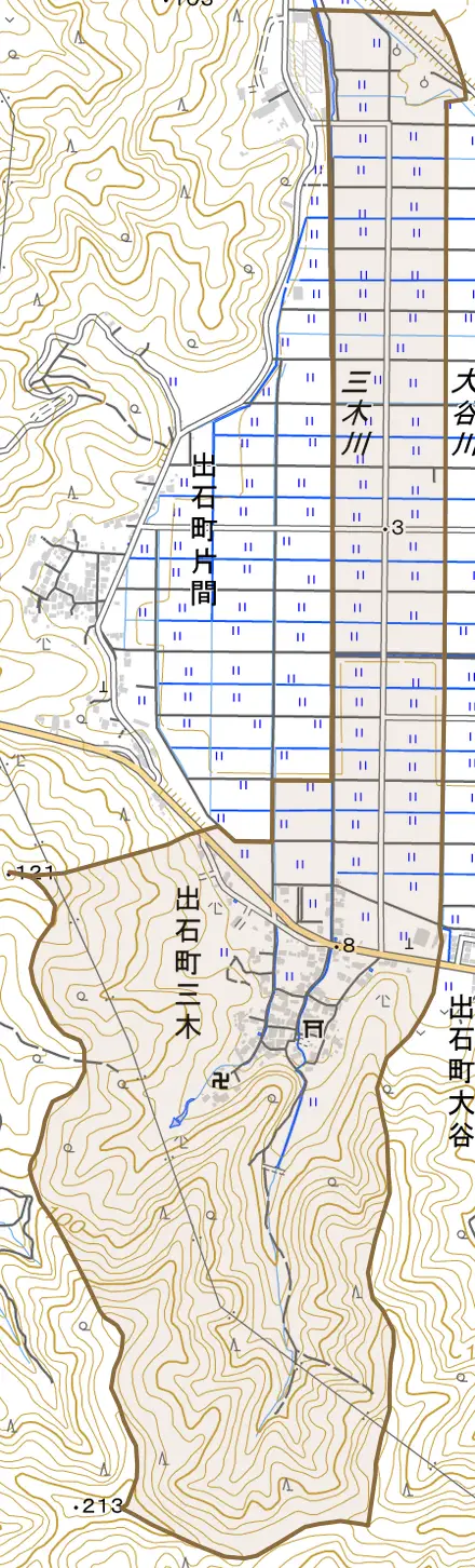 出石町三木とその周辺の地図。町の範囲を重ねている