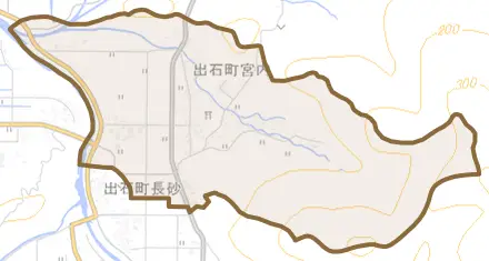 出石町宮内とその周辺の地図。町の範囲を重ねている