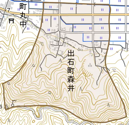 出石町森井とその周辺の地図。町の範囲を重ねている