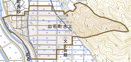 出石町水上とその周辺の地図。町の範囲を重ねている