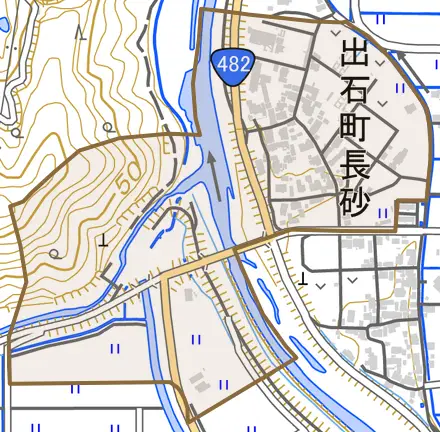 出石町長砂とその周辺の地図。町の範囲を重ねている