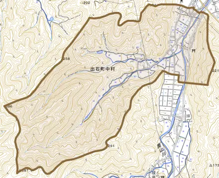 出石町中村とその周辺の地図。町の範囲を重ねている
