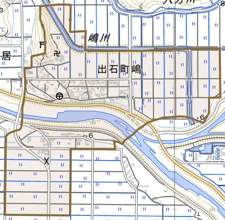 出石町嶋とその周辺の地図。町の範囲を重ねている