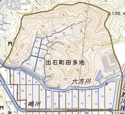 出石町田多地とその周辺の地図。町の範囲を重ねている