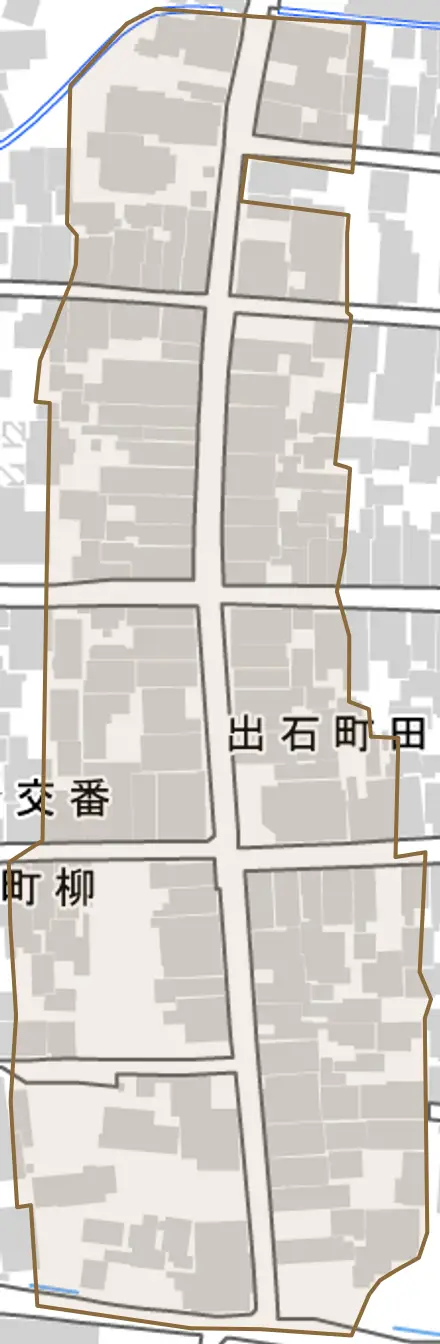 出石町田結庄とその周辺の地図。町の範囲を重ねている