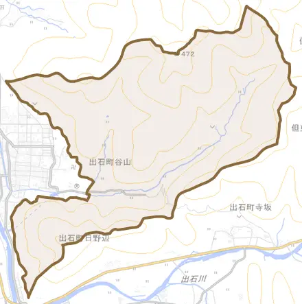 出石町谷山とその周辺の地図。町の範囲を重ねている