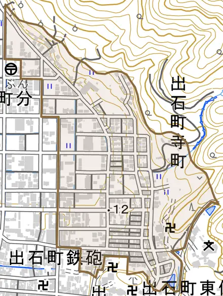 出石町寺町とその周辺の地図。町の範囲を重ねている