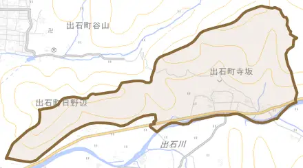 出石町寺坂とその周辺の地図。町の範囲を重ねている