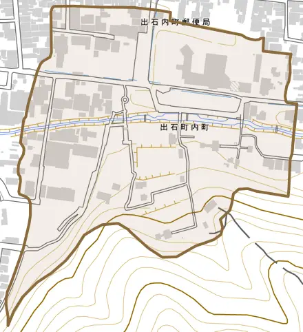 出石町内町とその周辺の地図。町の範囲を重ねている