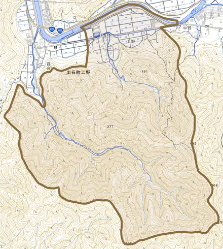 出石町上野とその周辺の地図。町の範囲を重ねている