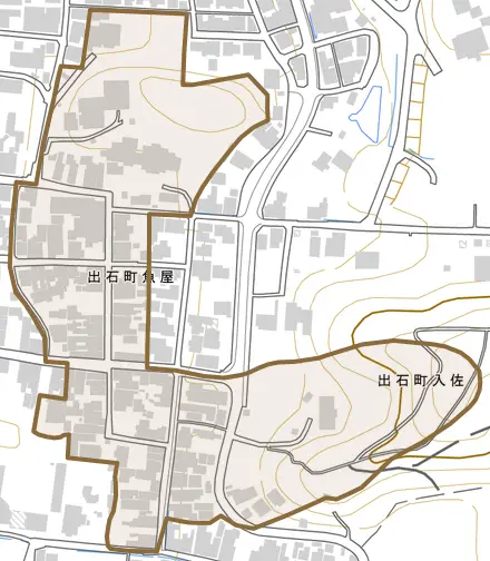 出石町魚屋とその周辺の地図。町の範囲を重ねている