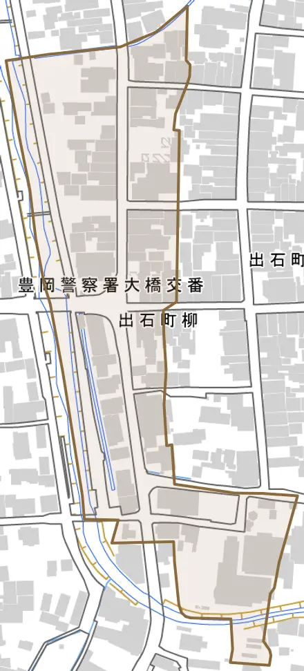 出石町柳とその周辺の地図。町の範囲を重ねている