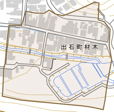 出石町材木とその周辺の地図。町の範囲を重ねている