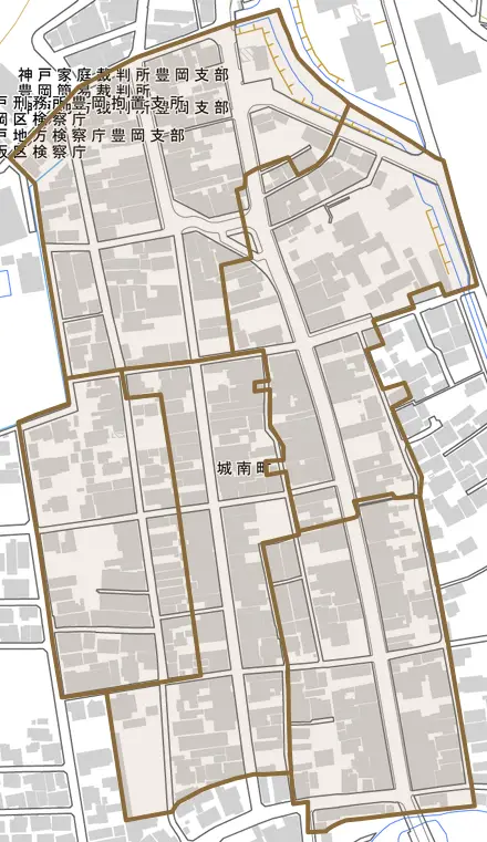 城南町とその周辺の地図。町の範囲を重ねている
