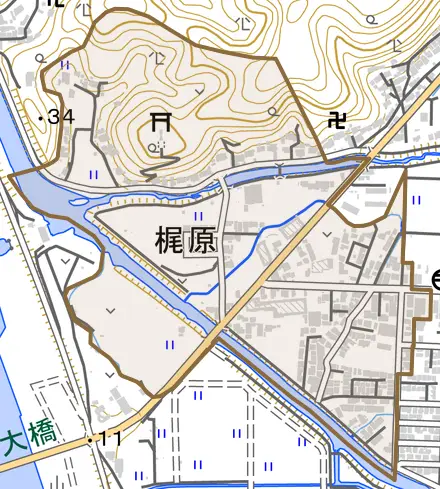 梶原とその周辺の地図。町の範囲を重ねている