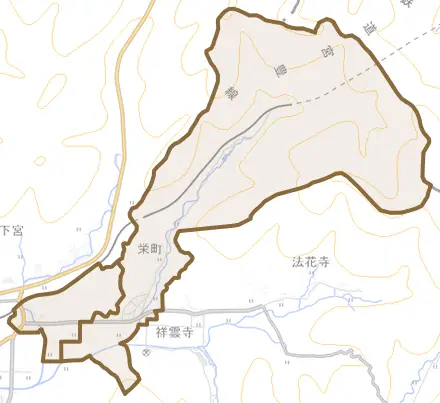 鎌田とその周辺の地図。町の範囲を重ねている