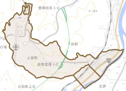 上佐野とその周辺の地図。町の範囲を重ねている