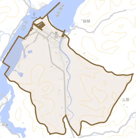気比とその周辺の地図。町の範囲を重ねている