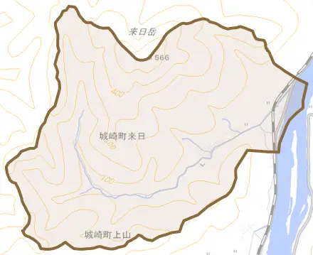 城崎町来日とその周辺の地図。町の範囲を重ねている