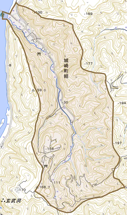 城崎町結とその周辺の地図。町の範囲を重ねている