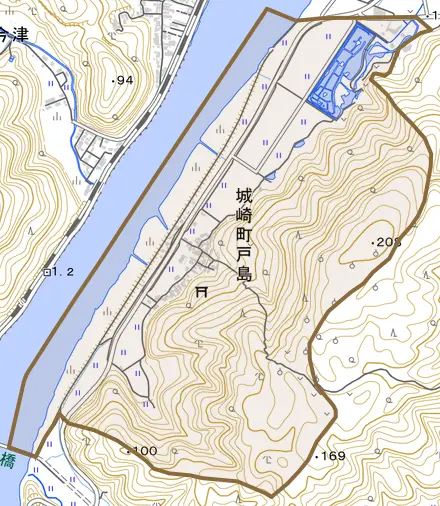 城崎町戸島とその周辺の地図。町の範囲を重ねている