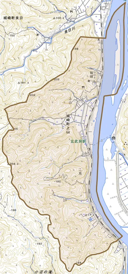 城崎町上山とその周辺の地図。町の範囲を重ねている