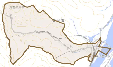 城崎町湯島とその周辺の地図。町の範囲を重ねている