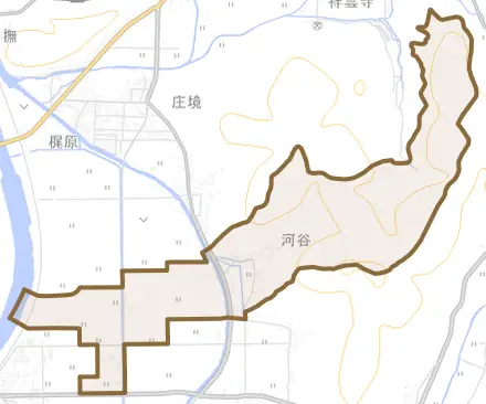 河谷とその周辺の地図。町の範囲を重ねている