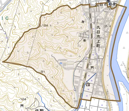 九日市上町とその周辺の地図。町の範囲を重ねている