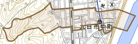 九日市中町とその周辺の地図。町の範囲を重ねている