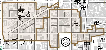 寿町とその周辺の地図。町の範囲を重ねている