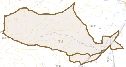 宮井とその周辺の地図。町の範囲を重ねている