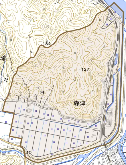 森津とその周辺の地図。町の範囲を重ねている