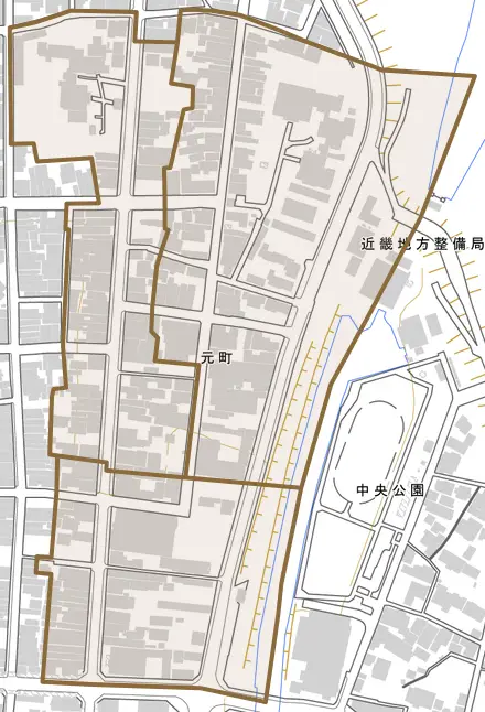 元町とその周辺の地図。町の範囲を重ねている