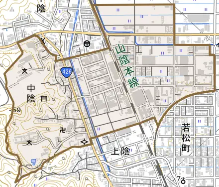 中陰とその周辺の地図。町の範囲を重ねている