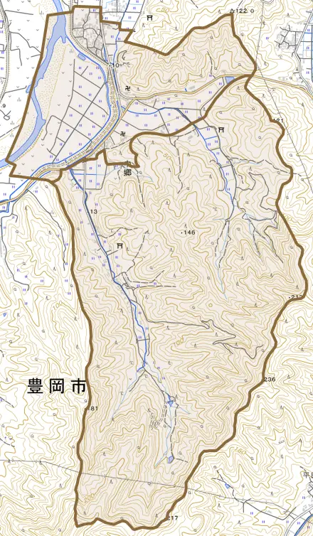中郷とその周辺の地図。町の範囲を重ねている