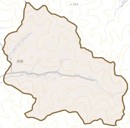 奥野とその周辺の地図。町の範囲を重ねている