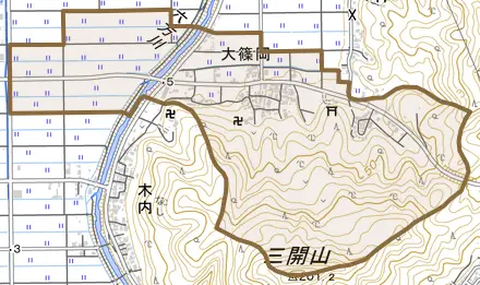 大篠岡とその周辺の地図。町の範囲を重ねている
