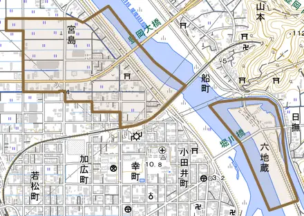 六地蔵とその周辺の地図。町の範囲を重ねている