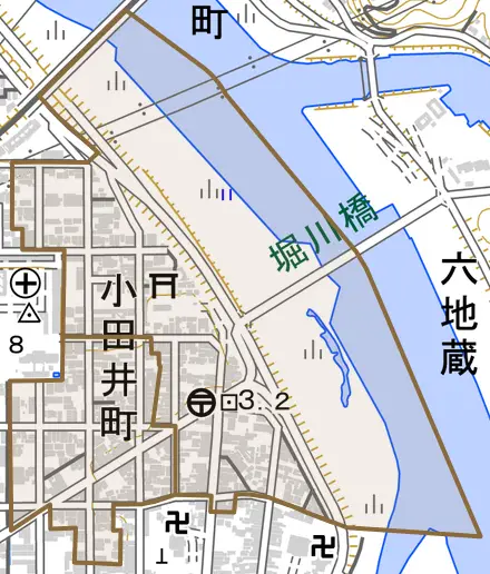 幸町とその周辺の地図。町の範囲を重ねている